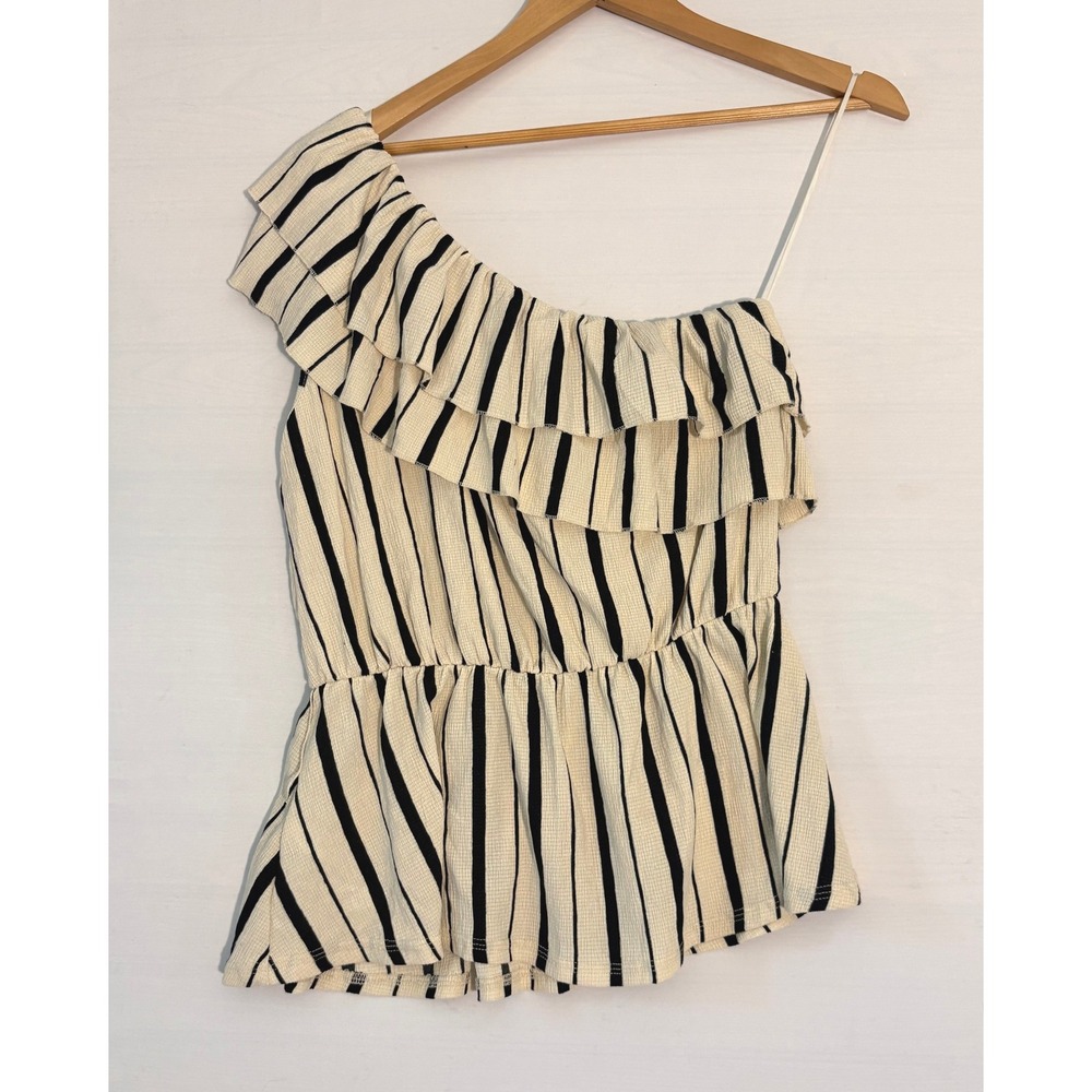 Maeve Anthropologie One Shoulder Ruffle Peplum Top Striped Cream Black Medium - Picture 2 of 8